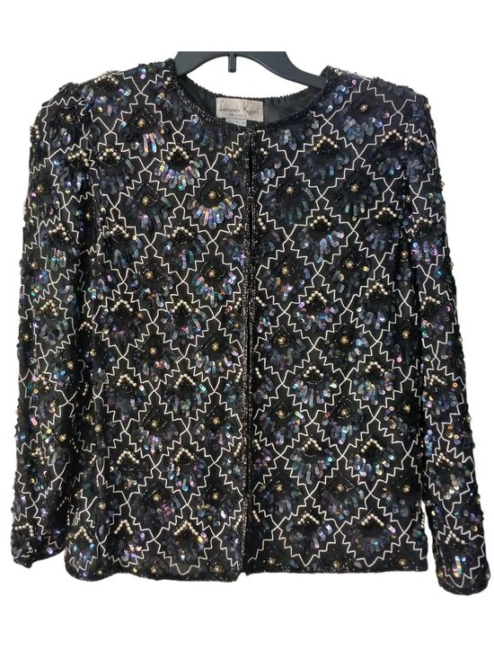 Laurence Kazar Jackets & Blazers - VTG Laurence Kazar Sz L Black Silver 100% Silk Sequin Bead Jacket Formal #T-27